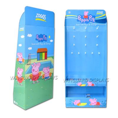 China Recycled Materials Kids Store Paper Shelf Candy Floor Cardboard Custom Display Stand With Pegboard Hooks for sale