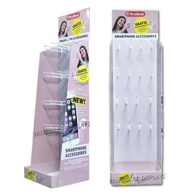 China Recycled Materials 2021 Stores Phone Mobile Accessories Rack Floor Cardboard Display Stand With Pegboard Hooks for sale