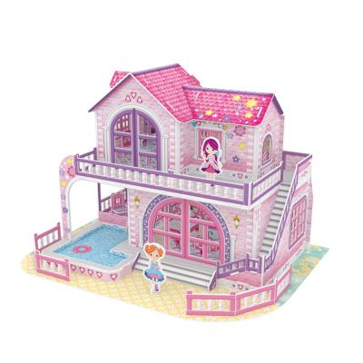 China DIY Practice 3D Puzzle Dollhouse With Furniture Sweet Villa Pink Villa Gift For Little Girl DIY Doll House Kit for sale