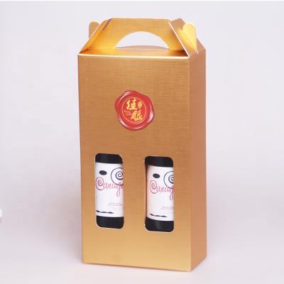 China Custom Recycled Materials Kraft Corrugated Olive Oil And Wine Packaging Double Bottle Folding Red Wine Box With Handle for sale