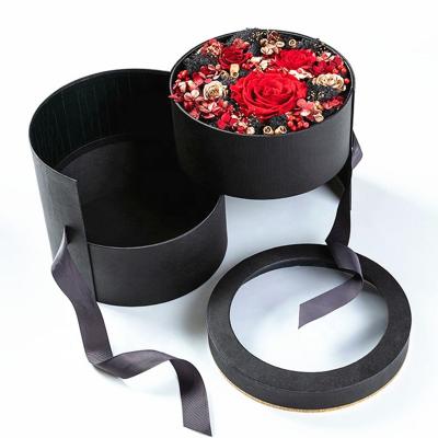 China Round Shape Double Layer Handmade Custom Luxury Rose Flower Packaging Box With Ribbon for sale