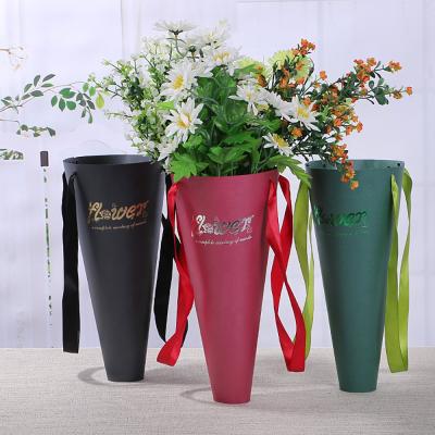 China Recyclable Custom Printed Cone Shape Folding Paper Cardboard Flower Packaging Box With Ribbon Handle for sale