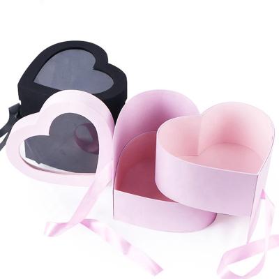 China Handmade Double Layer Heart Shape Paper Cardboard Flower Packaging Box With Ribbon Handle for sale