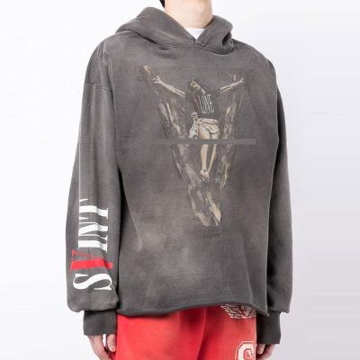 China Anti-wrinkle Custom Men's Pullover Heavy Weight Hoodies Acid Washed Distressed Hoodie Streetwear Printed Vintage Raw Hem Hoodie for sale