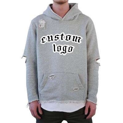 China Anti-wrinkle Custom logo wholesale New Style Wholesale destroyed fray cut hem men's hoodie Hip hop heather Grey broken hole designer hoodies for sale