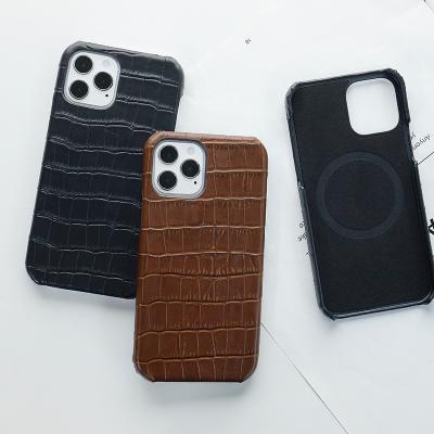 China Fashionable Custom Magnetic Logo Printed Luxury Genuine Leather Phone Case For Iphone 12 pro Max Cell Phone Case for sale