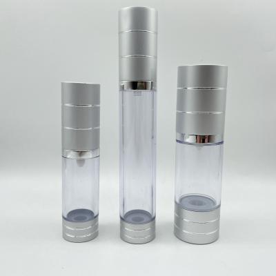 China Non Spill 10ml 15ml 30ml 50ml 100ml Cosmetic AS Aluminum Airless Bottle With Silver Secant For Essence And Cream for sale