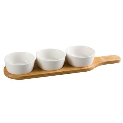 China JINYUAN Viable Round Ceramic Dish Dip Bowl Set With Bamboo Tray For Snack Nuts Sauce Appetizer Ramekins for sale