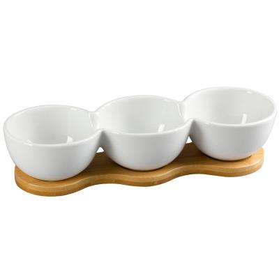 China JINYUAN Viable Custom Fruit Nuts Snacks Serving Trio Serving Snack Tray Ceramic Bowl Dish Dish With Bamboo Wood Tray Base for sale