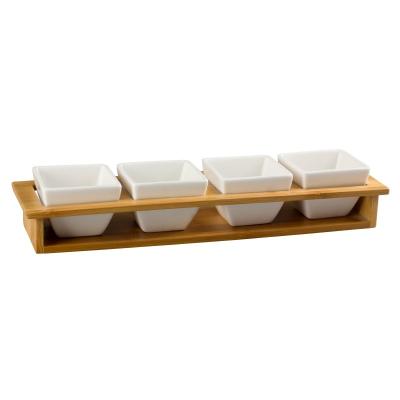 China Fashionable Wholesale JINYUAN Snack Sauce Custom Porcelain Serving Dish Sets Rectangle Ceramic Dish Set With Wooden Base for sale