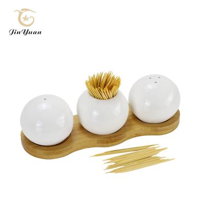 China JINYUAN Viable Wholesale Ceramic Dental Pick Container Toothpick Holder Porcelain Salt Pepper Set with Bamboo Wood Tray for sale