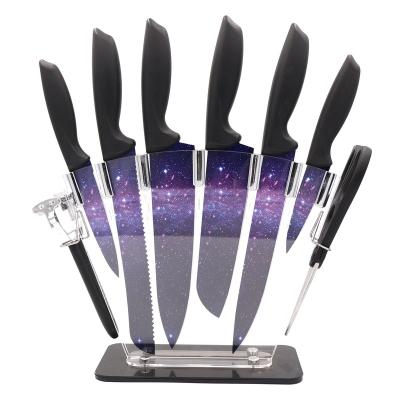 China Viable starry sky jet six-piece kitchen knife set with plastic handle with scissors and acrylic knife holder for sale