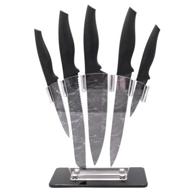 China Sustainable Marble Grain Spray Five-Piece Kitchen Knife Set With Plastic Handle With Scissors And Acrylic Knife Holder for sale