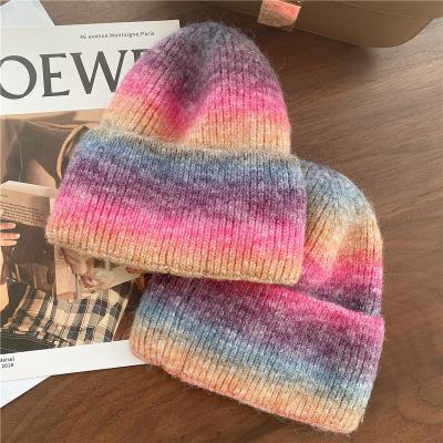 China 2021 Men's Rainbow Color Autumn And Winter All-match Hat Female Wool Thin Hat Striped Toe Cap Simple Knitted Pile for sale