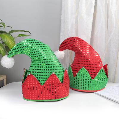 China 2021 Beauty Novelty Christmas Decorations Party Custom Made Santa Hat Adults Green Red Sequin Elf Funny Hat for sale