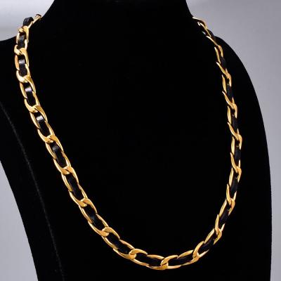 China FASHIONABLE Genuine Leather Braided Hiphop Restriction Chain Choker Necklace 18K Gold Plated Stainless Steel Cuban Link Leather Necklace for sale