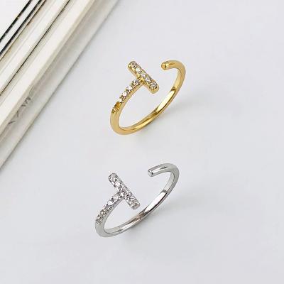 China Popular INS Jewelry FASHIONABLE Letter T Shaped Opening Ring CZ Micro Paved Zircon S925 Sterling Silver Adjustable Wedding Ring for sale