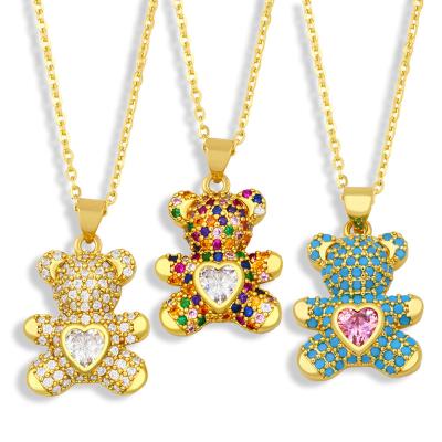 China FASHIONABLE Sample Available Gold Plated Colorful Cubic Zircon Crystal Necklace Cute Teddy Bear Pendant Chain Necklace for sale