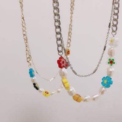 China Vintage FASHIONABLE Design Necklace Colorful Resin Handmade Layered Acrylic Flower Double Pearl Freshwater Pearl Beads Necklace for sale