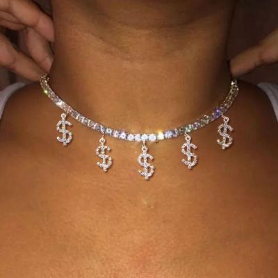 China FASHIONABLE European Hiphop Gold Plated Rhinestone Chain Diamond Dollar Pendant Necklace Tennis Crystal Money $ Sign Choker Necklace for sale