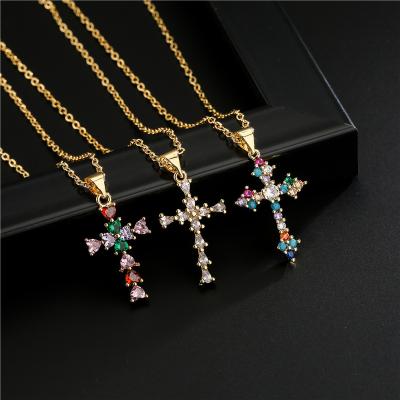 China 2021 FASHIONABLE New European Hot Sale Christian CZ Micro Paved Colorful Cubic Zircon Crystal Cross Pendant Necklace Cross Necklace for sale