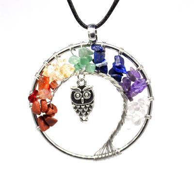 China Stone Crystal Tree of Life Colorful Fortune Charm Natural Stone Necklace Vintage Owl Necklace Jewelry for sale