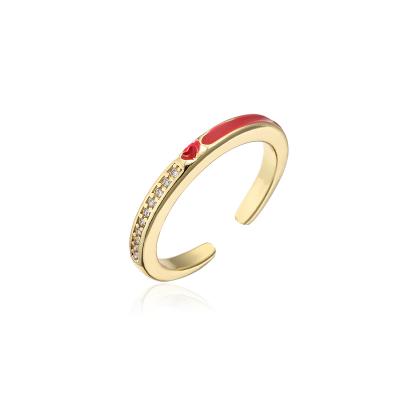 China Trendy Hot Luxury Ins Design 18K Gold Plated Diamond CZ Micro Paved Ring Colorful Enamel Crystal Heart Adjustable Finger Ring for sale