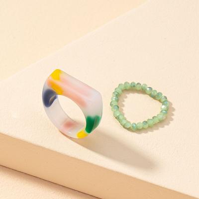 China TRENDY Custom Hot Colorful Acrylic Rings Rainbow Resin Design 2pcs Rainbow Resin Geometric Finger Ring Set For Women for sale