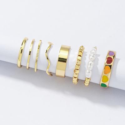 China Colorful Pearl Ring Sets Gold Plated Simple Trendy Jewelry Oil Drop Pearl Summer Enamel Heart Rings Set For Women for sale