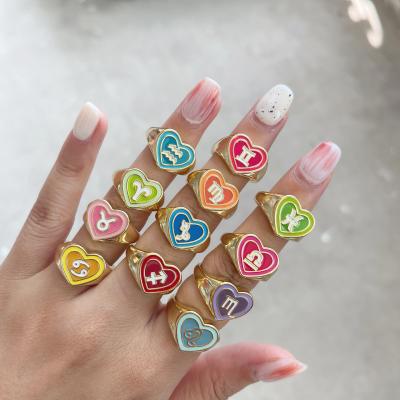 China 2021 TRENDY INS Design Gold Plated Adjustable Ring Multicolor Enamel Heart 12 Zodiac Zodiac Sign Ring For Friend for sale