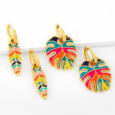 China FASHIONABLE Factory Directly Bohemia Style Oil Drop Multicolor Leaf Shape Earrings Gold Plated Enamel Leaf Statement Circle Earrings for sale