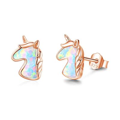 China New Gold FASHIONABLE Unicorn Opal Stud Earrings For Women Unicorn Stud Earring Copper Created Cat Eye Stone Earring Rose for sale