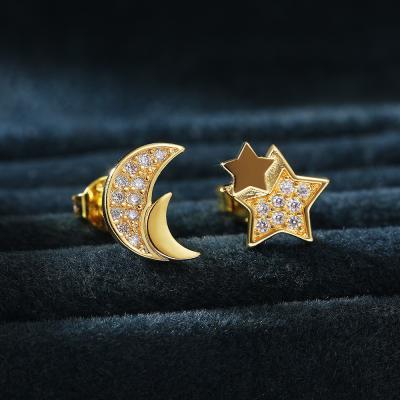 China TRENDY Cute Design 18K Gold Plated Moon Star Stud Earrings Crystal Rhinestone Cubic Zircon Asymmetrical Moon Stud Earring for sale