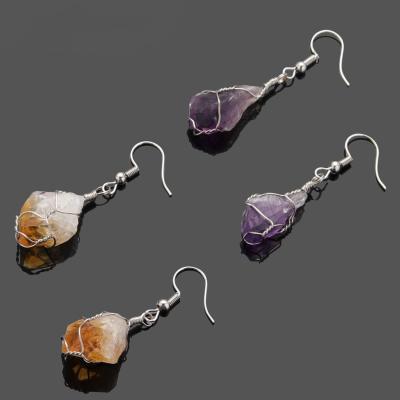 China FASHIONABLE Custom Handmade Jewelry Metal Wrapped Raw Natural Stone Crystal Pendant Earring Topaz Amethyst Earring for sale