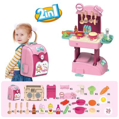 China Funny Happy Buffet Sets Toys Music Lights 2 In 1 Backpack Pretend Play Cooking Baby Kids Kitchen Set Toys for sale