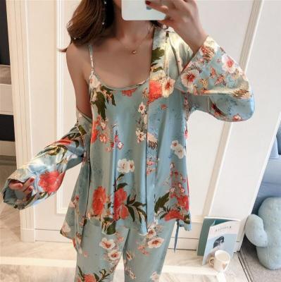 China QUICK DRY P028 2023 new design fashion lace pajamas set sexy nightgown women's flower color sleepwear 3 pieces set long robes for sale