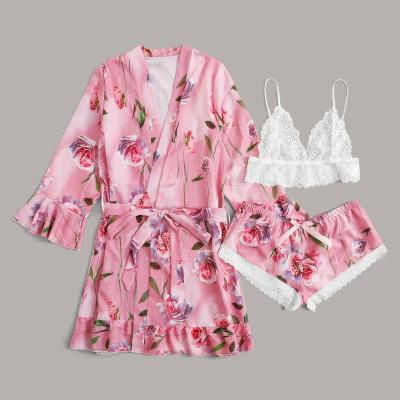 China Wholesale QUICK-DRY Sleepwear P032 sexy lace Woman Silk Pajama Summer Satin three pieces long women's robes pajamas sets for sale