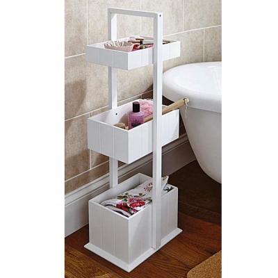 China Modern Natural Wooden Three Tier Free Standing Multifunctional Compartment Shelf Bathroom Organizer for sale