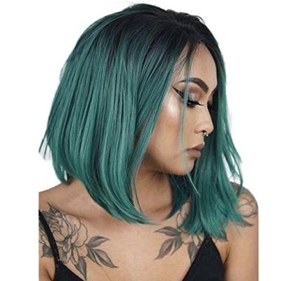 China Ombre Green Short Straight Wig Lace Front Wigs Short Dangle 2 Tone Color Hair Replacement Heat Resistant Wigs For Black Women Half Hand Tied for sale