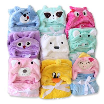 China Fleece warm coral silk flannel child hooded anti-pilling cartoon animal blanket baby blanket with hood for sale