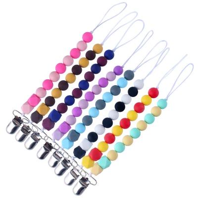 China Free Customized Dummy Clip Silicone Beads Clips Metal Teether Latex Holder Colorful Chain Baby Dummy Clip for sale