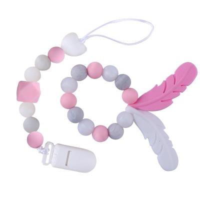 China Feather Free Baby Latex Silicone Dummy Holder Teether Beads Dental Clip Chain Glue Pacifier Clips Set for sale