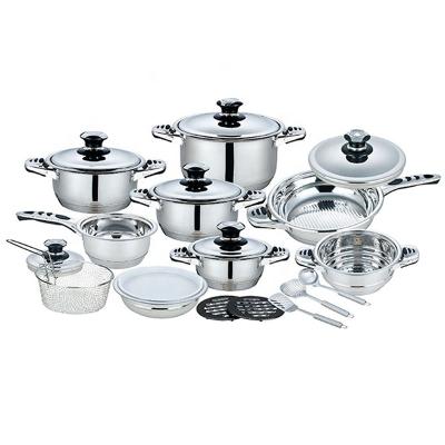 China Sustainable Cooking Pot Set Cookware High Quality Wide Edge 21 Pcs Stainless Steel Cookware Set With Thermo Knobs for sale