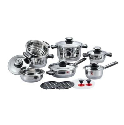 China Sustainable Premium Quality Wide Rim Cooking Pot 16Pcs Kitchen Accessories Stainless Steel Cookware Set With Clear Glass Lid for sale