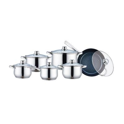 China Sustainable Factory Price Beautiful Stainless Steel 304 Cookware Set With Glass Lid for sale