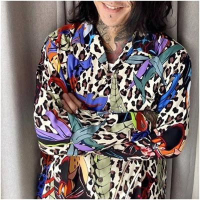 China Anti-pilling Spot supply 21AW leopard pattern hundred flowers loose Hawaiian long sleeve shirt men for sale