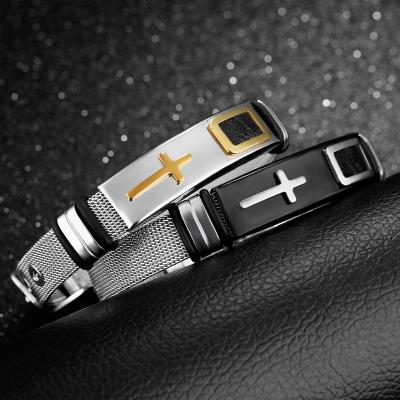 China Bestselling Water Resistant Gogem Mens Watch Band Metal Watch Strap Woven Wire Mesh Strap With Cross For Men for sale