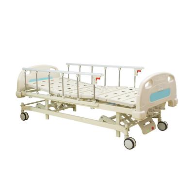 China steel & ABS Plastic Slot Guardrail Manual Hospital Patient Bed With 3 Control Cranks for sale