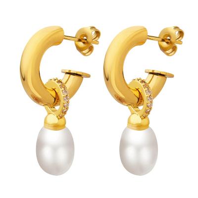 China Luxury Personality Nickel Free CC Letter Shape Non Tarnish 18K Gold Plated Stainless Steel Baroque Pearl Drop Earring Freshwater Women for sale