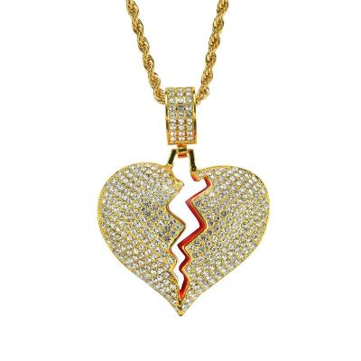 China Hiphop Hip Hop 18K Gold Plating Broken Heart Full Bling Crystal Broken Heart Pendant Necklace for sale